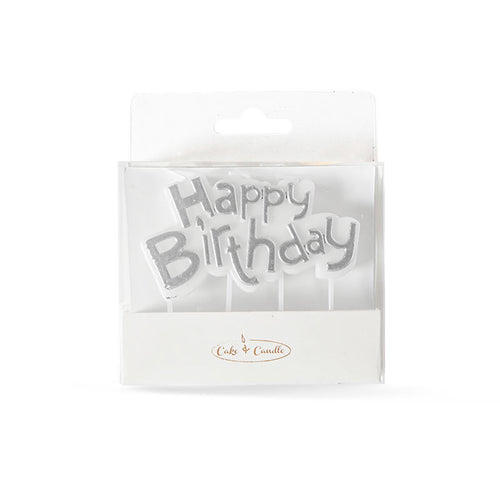 Happy Birthday Plaque Candle Silver  Cake & Candle   