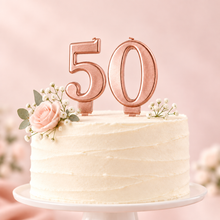 Load image into Gallery viewer, Rose gold numeral candles spelling 50 with a pink-toned cake background