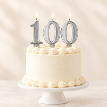 Load image into Gallery viewer, Silver numeral candles spelling 100 on a white birthday cake